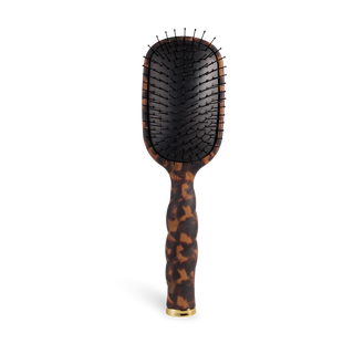 Detangling hair brush with black cushion, pin bristles, tortoise-pattern handle