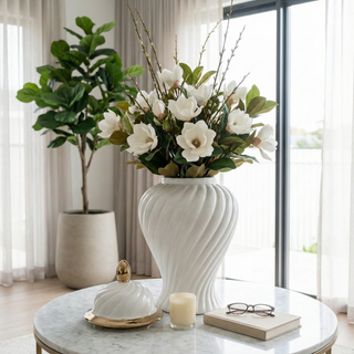 Sagebrook Home - Decorative Jar - White Ceramic Swirl Tall Lidded, 20 in.
