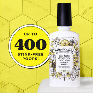 White toilet spray bottle with black cap, original citrus label
