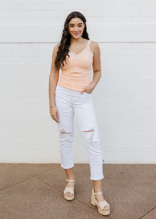 Peach ruched lace-trim cami with V-neck and narrow shoulder straps