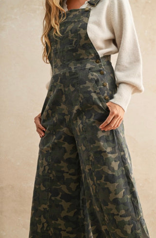 Olive camo overalls close-up of bib pocket and side buttons
