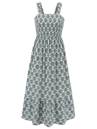 Smocked Printed Square Neck Sleeveless Dress