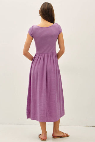 MIXED MATERIAL BOAT NECK DRESS