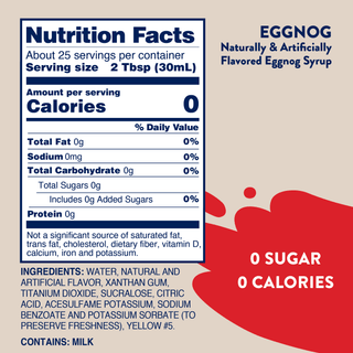 Jordan's Skinny Mixes Sugar Free Eggnog Syrup – eggnog syrup nutrition facts panel showing zero calories and sugars per serving