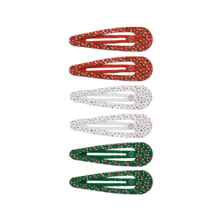 TELETIES set of holiday confetti hair clips with red, green striped confetti pattern