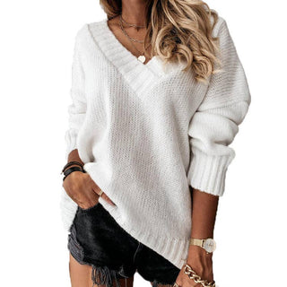 Solid Color Sweater V-Neck: White