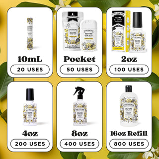 Assorted toilet spray refill bottles with size options, white bottles and black caps