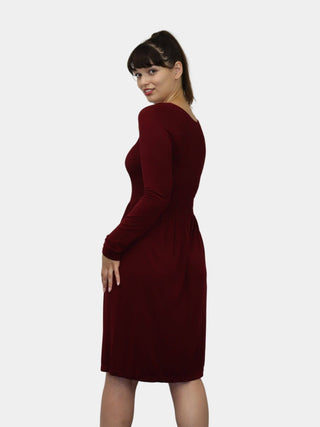 Knee Length Long Sleeve Dress: Burgundy