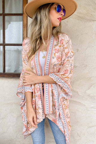 AMOLI - Blush Floral Border Printed Kimono Cardigan Cover Up