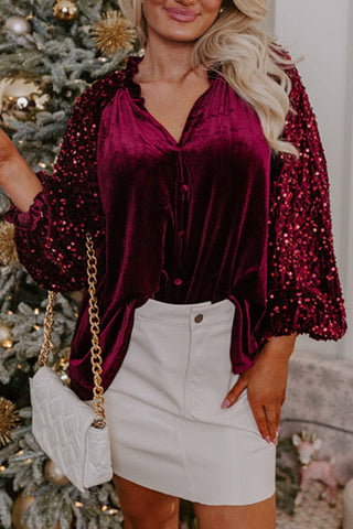 Sequin Velvet Buttoned V-Neck Top