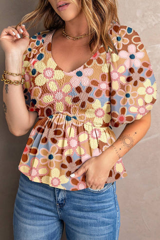 Boho Flower Print Puff Sleeve Apricot