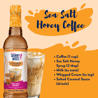 Jordan's Skinny Mixes sea salt honey syrup bottle with iced coffee glass and whipped cream topping