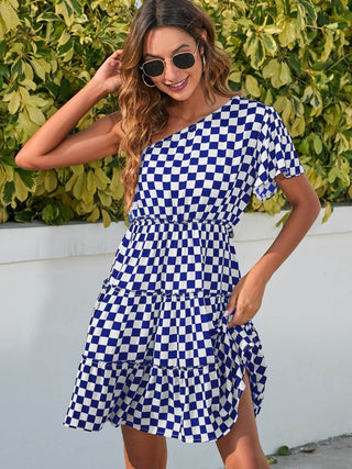 Checkered Single Shoulder Mini Dress - Just Believe Boutique