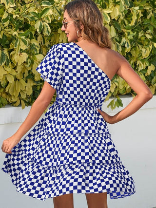 Checkered Single Shoulder Mini Dress - Just Believe Boutique