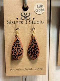 Sisters 3 Studio handmade cheetah print polymer clay teardrop earrings