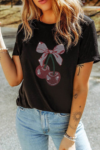 Cherry Graphic Round Neck Short Sleeve T-Shirt - Just Believe Boutique