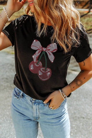 Cherry Graphic Round Neck Short Sleeve T-Shirt - Just Believe Boutique