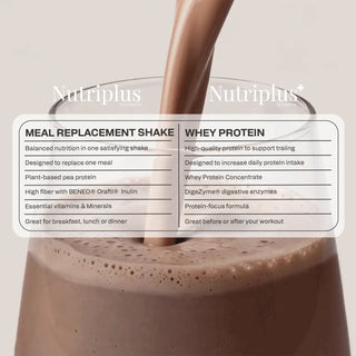 NutriPlus label panel showing meal replacement and whey protein benefits