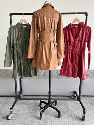 Red Faux Leather Cinched Waist Snap Front Dress – product only