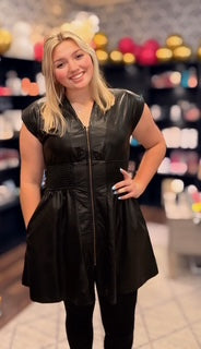 Cinched Waist Dress in Faux Leather - Black