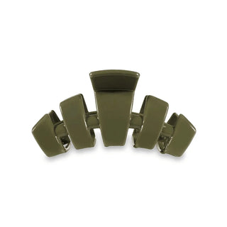 Olive green claw hair clip with five curved prongs, hinged clip