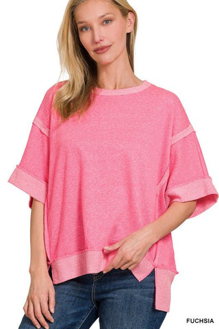 Contrast Trim Top Stitching Drop Shoulder Top - Just Believe Boutique
