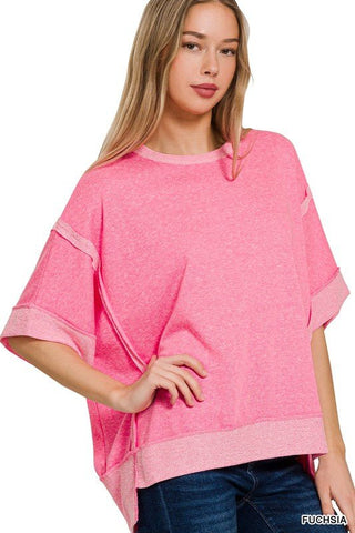 Contrast Trim Top Stitching Drop Shoulder Top - Just Believe Boutique