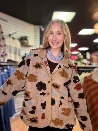 Corduroy Puff Flower Color Block Jacket – Taupe – model photo