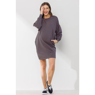 Crew Neck Sweater Dress with Pockets - Just Believe Boutique