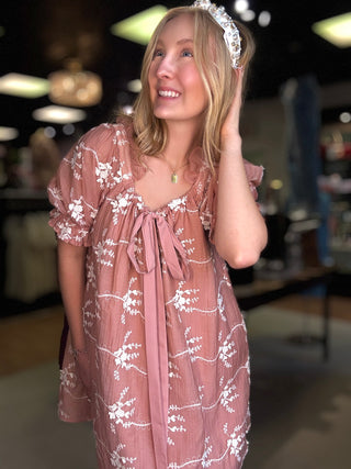 Crochet Dainty Dress – Mauve – model photo