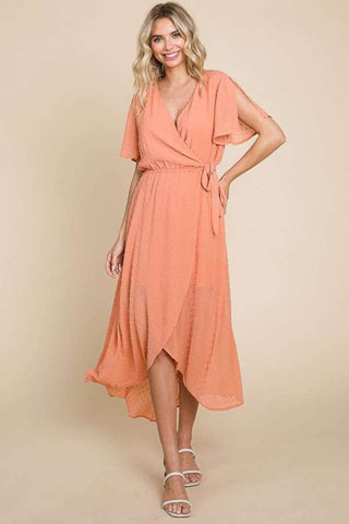 Culture Code Full Size Swiss Dot Tied Slit Short Sleeve Dress - Just Believe Boutique