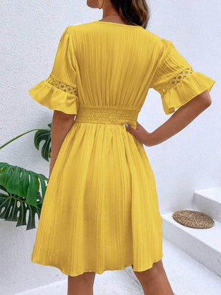 Cutout V-Neck Flounce Sleeve Mini Dress - Just Believe Boutique