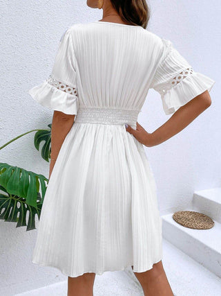 Cutout V-Neck Flounce Sleeve Mini Dress - Just Believe Boutique
