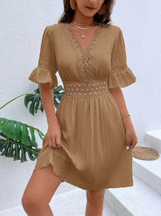 Cutout V-Neck Flounce Sleeve Mini Dress - Just Believe Boutique