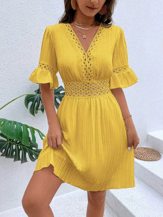 Cutout V-Neck Flounce Sleeve Mini Dress - Just Believe Boutique