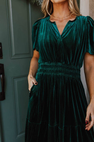 Evergreen Velvet Shirred Waist Maxi Dress