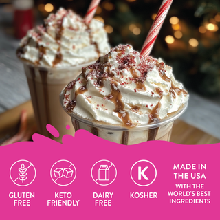 Jordan's Skinny Mixes holiday drizzle sauce trio: chocolate and caramel drizzled ice cream sundae with whipped topping