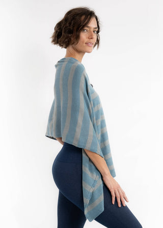Elietian Line Up Striped Poncho – striped poncho with button-front V-neck, light teal and grey-blue vertical stripes