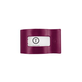 Teleties small flat rectangle hair clip in Mulberry berry purple, packaging and logo detail