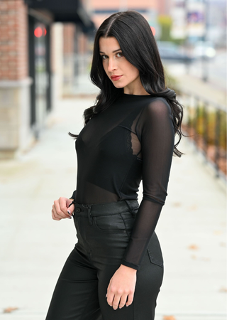 Elietian Seamless Sheer Mesh Top in Black with black pants, street view