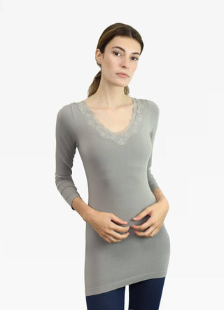 ELIETIAN - Lace Trim Long Sleeve - Berry