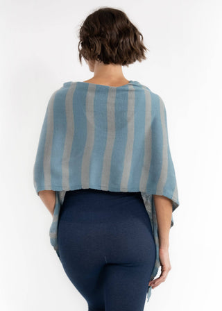 Elietian Line Up Striped Poncho – back view striped poncho, light teal and grey-blue vertical stripes
