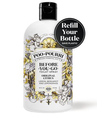 Toilet spray refill bottle, white with black cap, citrus essential oil scent