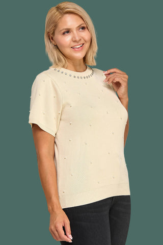 Pearl & Rhinestone Embellished Knit Sweater Top