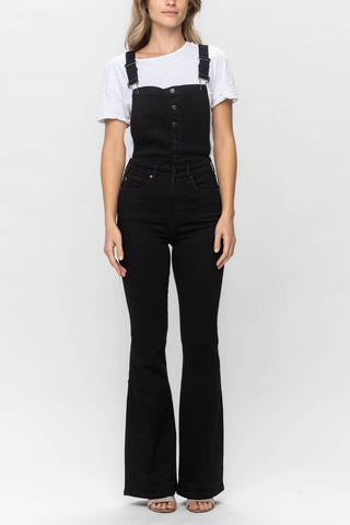 Judy Blue high waist retro flare denim overalls in black, front view with button front and adjustable straps