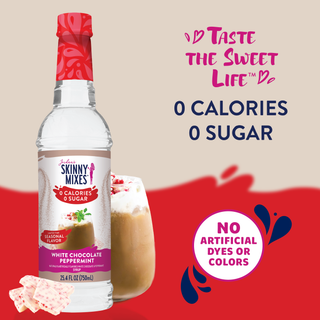 Jordan's Skinny Mixes sugar-free white chocolate peppermint syrup bottle beside creamy whipped drink