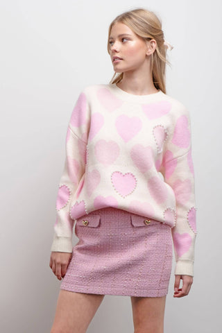 HEART PATTERN PEARL DETAIL KNIT SWEATER: IVORY