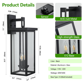 39F Inc. - 22' Dusk-to-Dawn Outdoor Wall Lantern, Matte Black 2-Light