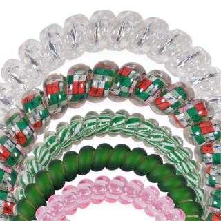 TELETIES close-up of mixed hair ties in clear, green, striped, and pink