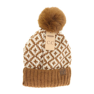 Fuzzy Lined Diamond Patterned Faux Fur Pom C.C Beanie